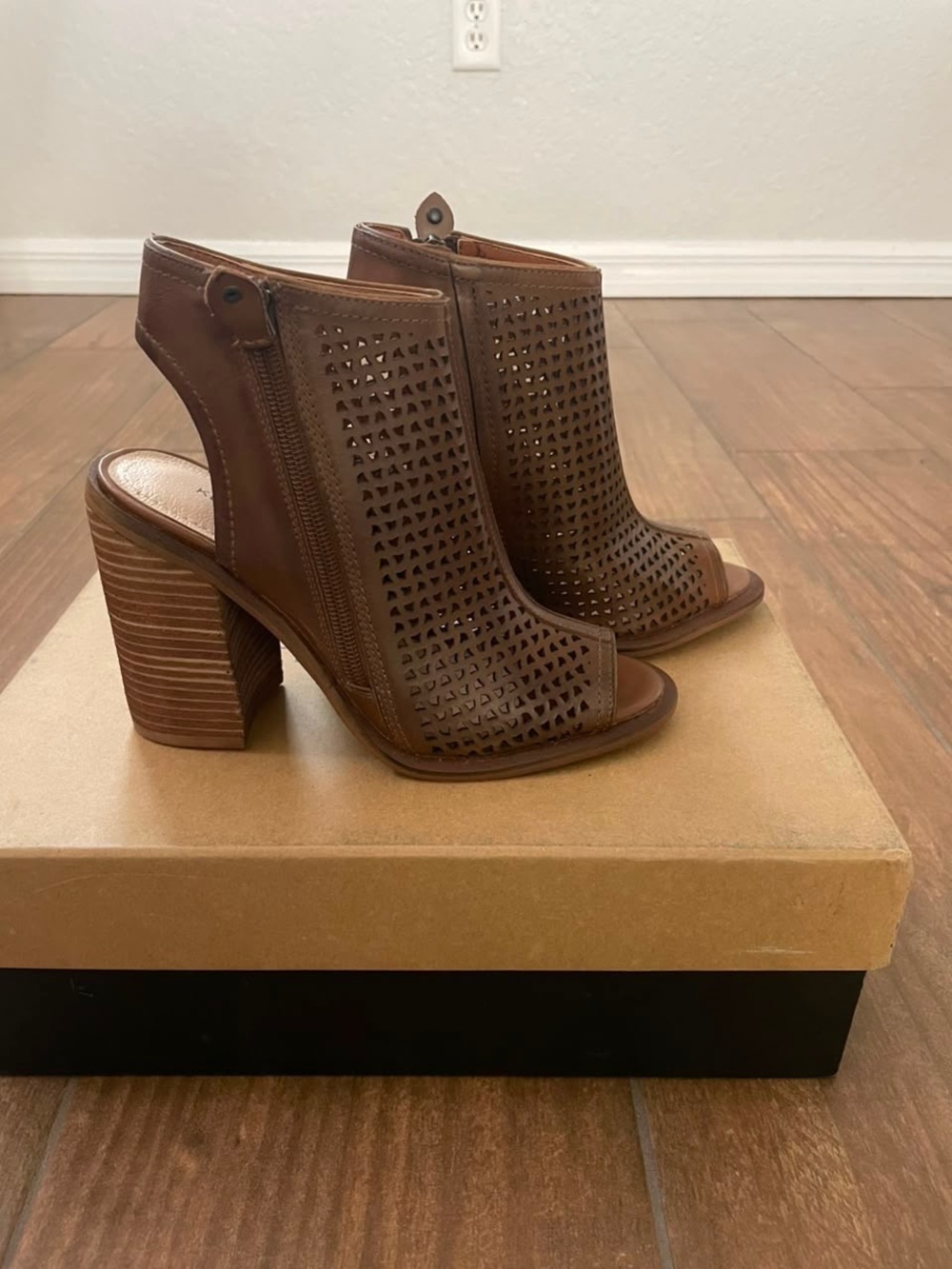 Kelsi Dagger Brooklyn brown perforated leather peep-toe block heel sandals